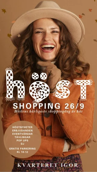 Välkommen på höstshopping nu på lördag den 26/9 🍂
På lördag bjuder vi in till en dag fylld av höstens nyheter, shopping, musik och extra mycket inspiration på Igor. ✨

Spana in höstens nyheter och ta del av butikernas fina erbjudanden. DJ:n står för musiken, tävlingar väntar och det blir en perfekt dag att fylla på med höstens favoriter – och kanske unna sig något extra 🤎

Gratis parkering kl. 10–12 – så börja dagen hos oss!

📍 Kvarteret Igor
🗓️ 26 september
⏰ 10–17

Välkommen till en riktigt härlig höstshoppingdag! 🍂

#kvarteretigor #västeråsbästacityshopping #västeråscity